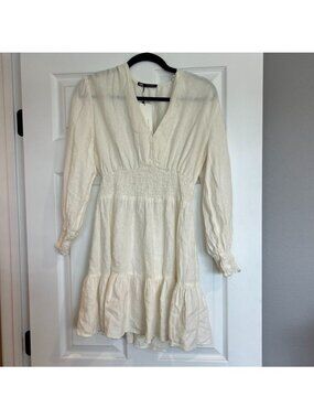 ZARA Ivory White Linen Blend Tiered Ruffle Long Sleeve Mini Dress Size Small NWT